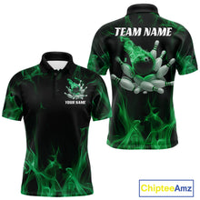 Load image into Gallery viewer, Green Fire Bowling Ball And Pins Custom Shirts For Men, Flame Bowling Team Jersey IPHW11154