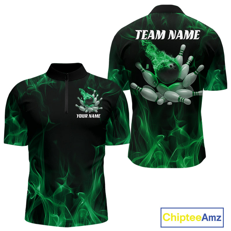Front and back mockup of a black and green mens bowling quarter-zip shirt featuring a bowling ball crashing into scattered pins with a blazing flame background.
