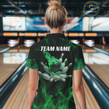 Load image into Gallery viewer, Green Fire Bowling Ball And Pins Custom Shirts For Women, Flame Bowling Team Jersey IPHW11154