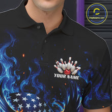 Load image into Gallery viewer, Left chest close up of a bowling polo shirt featuring flaming bald eagle graphics, a blue bowling ball, American flag, and blue flames.