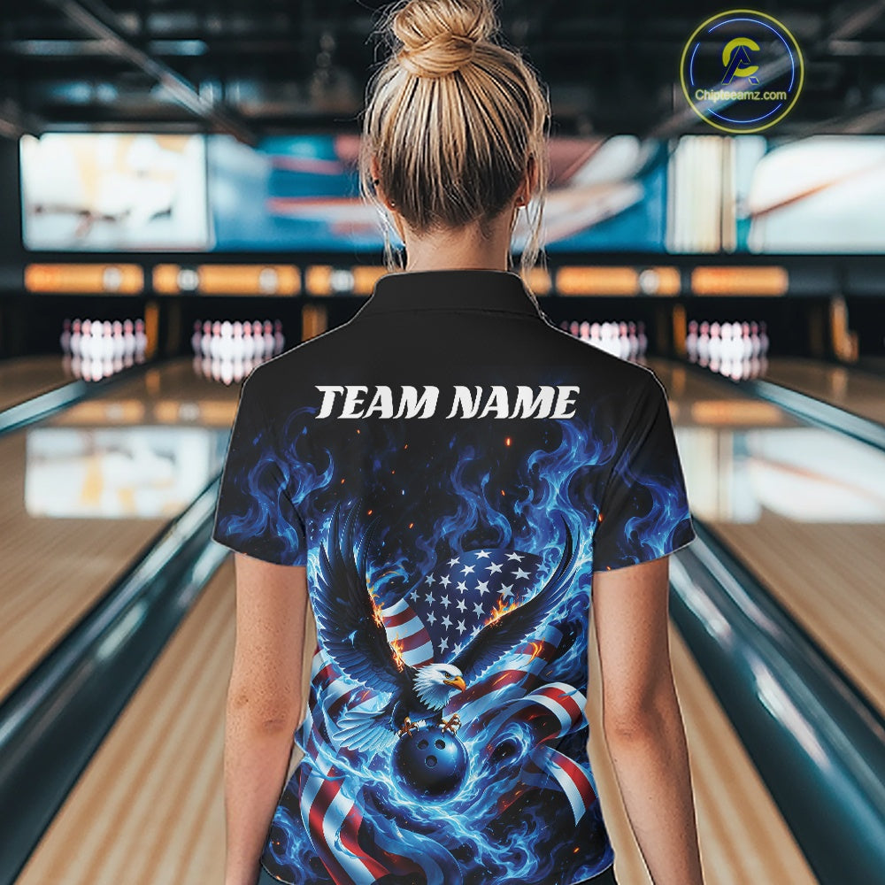 Female model back view in a bowling lane wearing a bowling quarter zip shirt with flaming eagle artwork, blue bowling ball, flag accents, and blue flames.