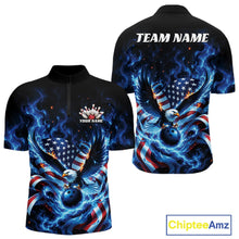 Load image into Gallery viewer, Men’s bowling quarter zip shirt mockup shown front and back with flaming bald eagle, blue bowling ball, American flag details, and blue flames.