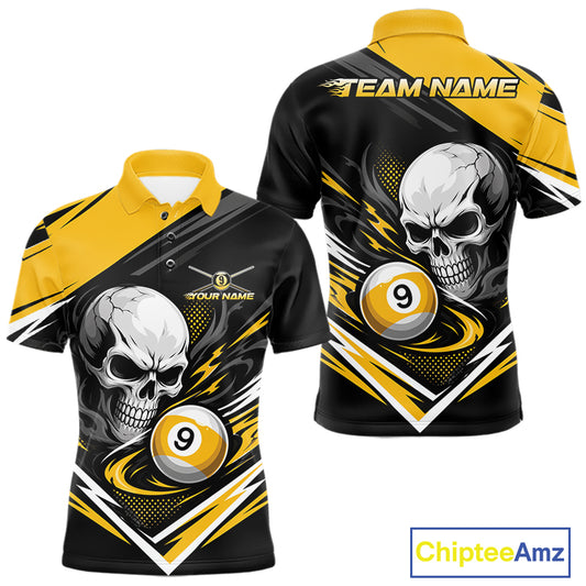 Custom short-sleeve polo shirt shown from the front and back, featuring a black and yellow design with a large skull and billiard 9-ball graphic, plus placeholder text 'TEAM NAME' and 'YOUR NAME'.