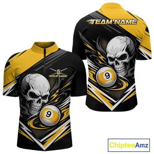 Custom short-sleeve billiards quarter zip shirt shown from front and back, featuring a black and yellow design with a large skull and billiard 9-ball graphic, plus placeholder text 'TEAM NAME' and 'YOUR NAME'.