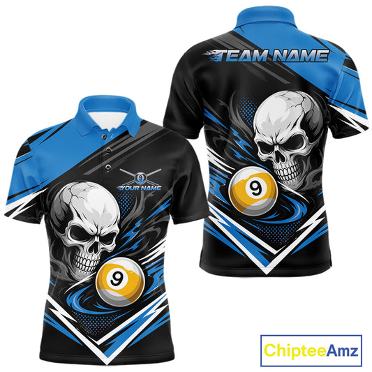 Front and back views of a custom short-sleeve billiard polo shirt featuring a black and blue design with a large skull and billiard 9-ball graphic, customizable text, and a ChipteeAmz logo.