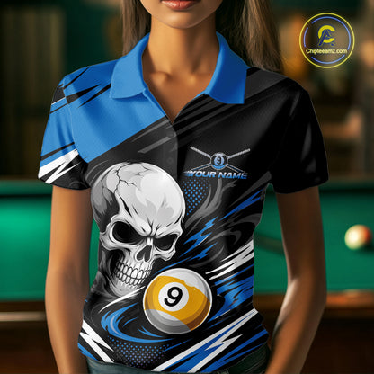 Custom Black And Blue 9 Ball Skull Billiards Women Polo Shirt, Pool Team Shirt IPHW11740