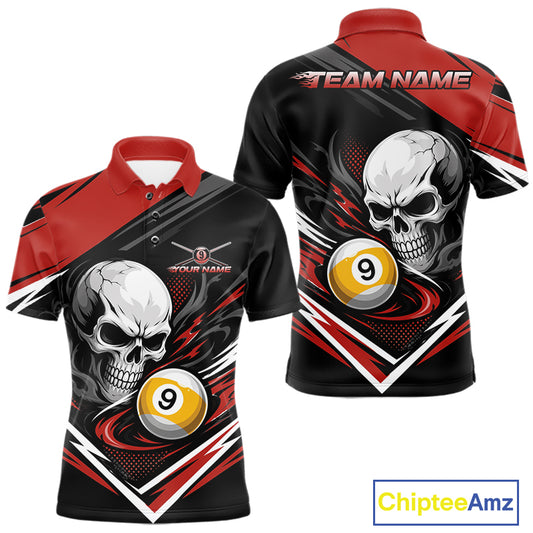 Front and back views of a custom black and red short-sleeve polo shirt featuring large skull and billiard 9-ball.