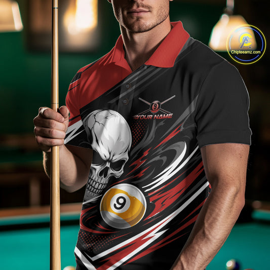 A man wearing a black and red billiard polo shirt with a large skull and billiard ball graphic