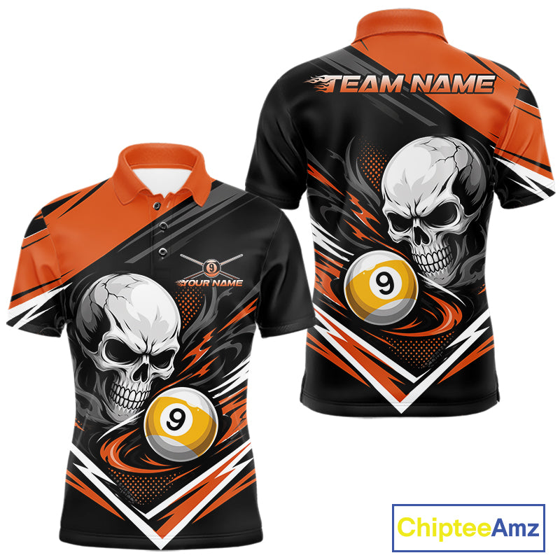 Custom Black And Orange 9 Ball Skull Billiards Men Polo Shirt, Pool Team Shirt IPHW11742