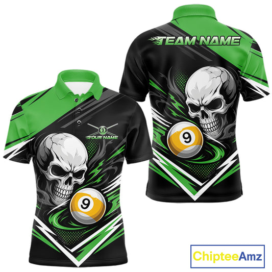Black and green short-sleeve polo shirt with a large skull and 9-ball pool graphic on the front, plus a matching back view showing 'TEAM NAME' text 