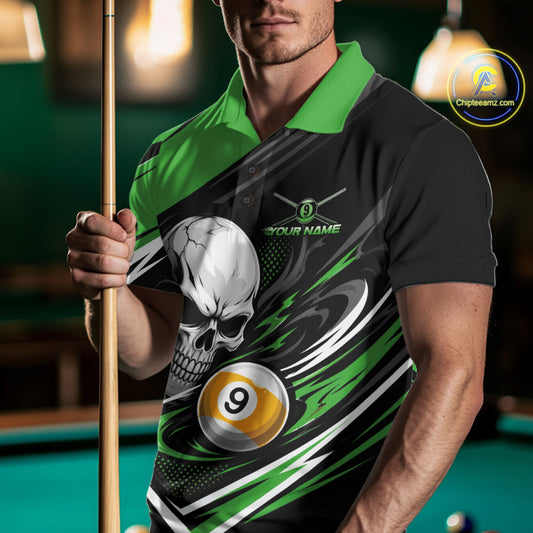 A man in a pool hall wearing a black and green billiard polo shirt with a skull and billiard ball graphic, holding a pool stick. The shirt features a customizable design with a large white skull, a yellow and black 9-ball graphic, and green accents.