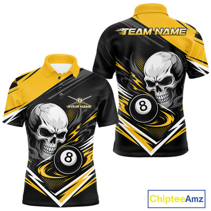 Custom Black And Yellow 8 Ball Skull Billiards Men Polo Shirt, Pool Team Shirt IPHW11744