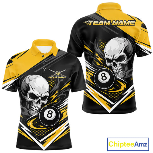 Custom short-sleeve polo shirt shown from the front and back, featuring a black and yellow design with a large skull and billiard 8-ball graphic, plus placeholder text 'TEAM NAME' and 'YOUR NAME'.