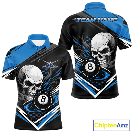Custom short-sleeve billiard polo shirt shown from the front and back, featuring a black base with blue and white graphic designs, including a large skull, an 8-ball, and customizable text areas.