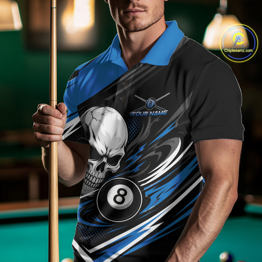 A man in a pool hall wearing a black and blue polo shirt with a skull and billiard ball graphic, holding a pool cue. The shirt features a customizable design with a skull, 8-ball, and blue accents.