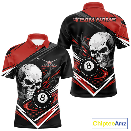 Custom short-sleeve billiard polo shirt shown from the front and back, featuring a black, red, and white design with a large skull and billiards 8-ball graphic, plus a customizable TEAM NAME on the back 