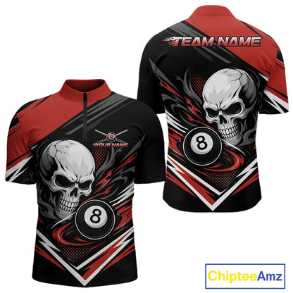 Custom Black And Red 8 Ball Skull Billiards Men Quarter Zip Shirt, Pool Team Shirt IPHW11746