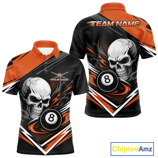 A custom short-sleeve billiard polo shirt shown from both front and back views. The shirt features a black base with bright orange panels, white and gray skull graphics, and a 8-ball motif.