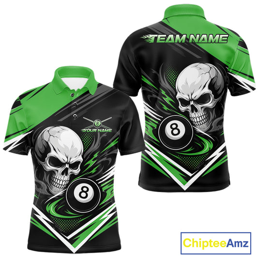 Black and green short-sleeve billiard polo shirt with a large skull and billiard 8-ball graphic, shown from the front and back on a white background.