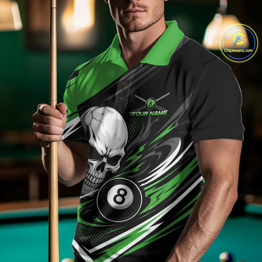 A man wearing a custom short-sleeve billiard polo shirt with a green and black billiards theme, featuring a large skull and 8-ball graphic