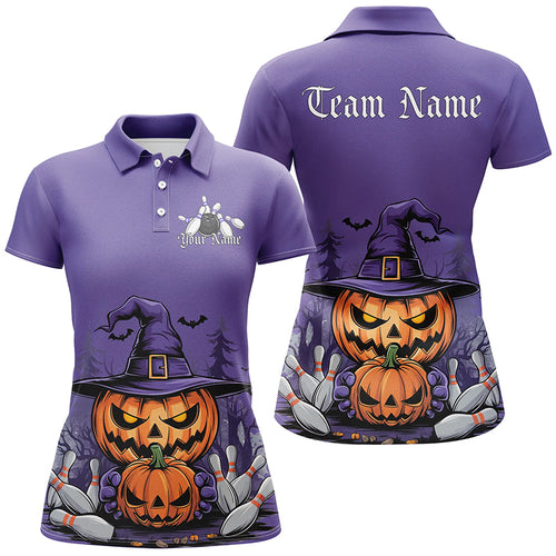 Purple Custom Halloween Ladies Bowling Shirts, Pumpkin Bowling Team Shirt Halloween Outfit IPHW7648