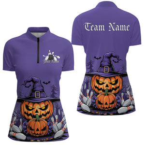 Purple Custom Halloween Ladies Bowling Shirts, Pumpkin Bowling Team Shirt Halloween Outfit IPHW7648