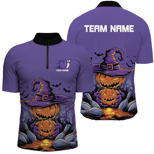 Purple Custom Halloween Bowling Shirts For Men, Pumpkin Bowling Team Shirt Halloween Outfit IPHW7649