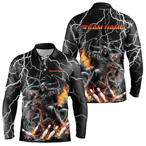 Black Thunder Lightning Grim Reaper Riding Dragon Custom Bowling Long Sleeve Polo Shirts For Men IPHW7654