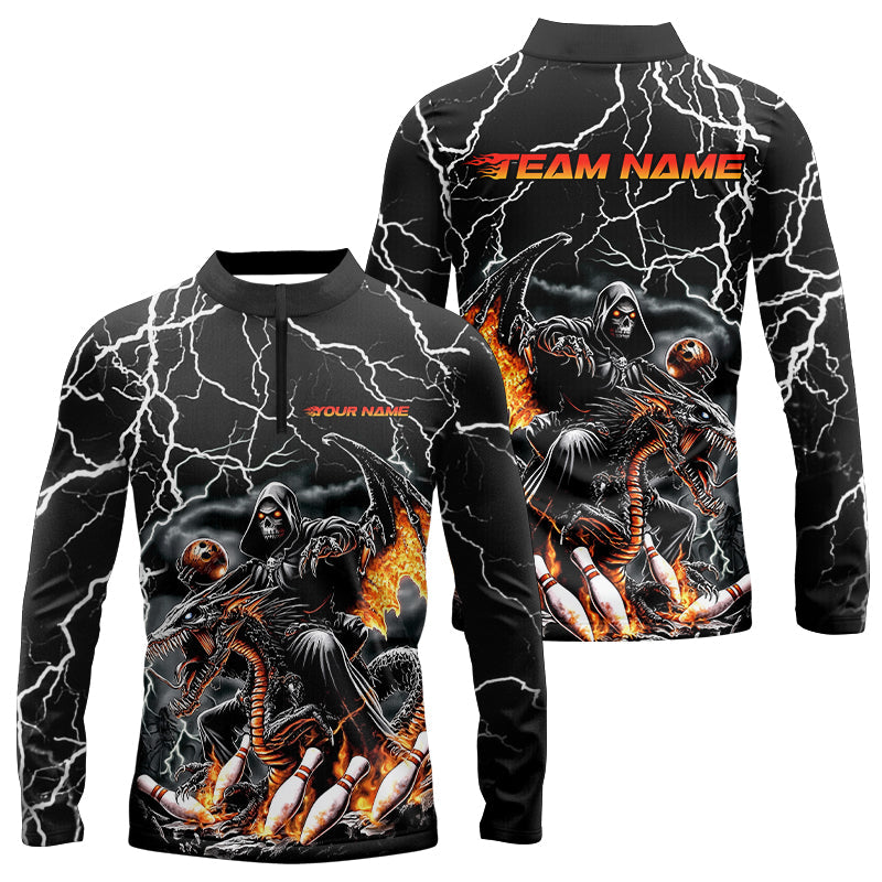 Black Thunder Lightning Grim Reaper Riding Dragon Custom Bowling Men Long Sleeve Quarter-Zip Shirt IPHW7654