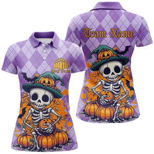 Orange And Purple Argyle Pattern Custom Funny Skull Halloween Bowling Shirts For Women IPHW7656