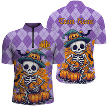 Load image into Gallery viewer, Orange And Purple Argyle Pattern Custom Funny Skull Halloween Bowling Shirts For Men IPHW7656