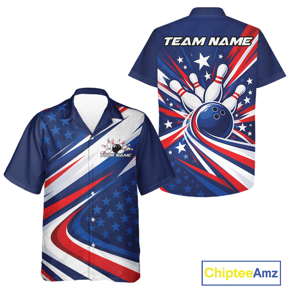Custom Patriotic Bowling League Button Up Shirt For Men And Women, Bowling Jersey Team Uniform IPHW12404