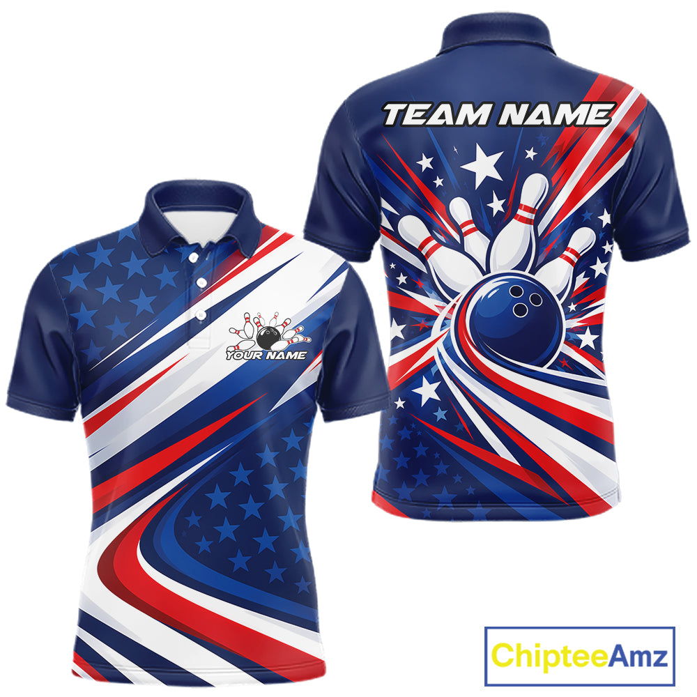 Custom Patriotic Bowling League Polo Shirt For Men, Bowling Jersey Team Uniform IPHW12404