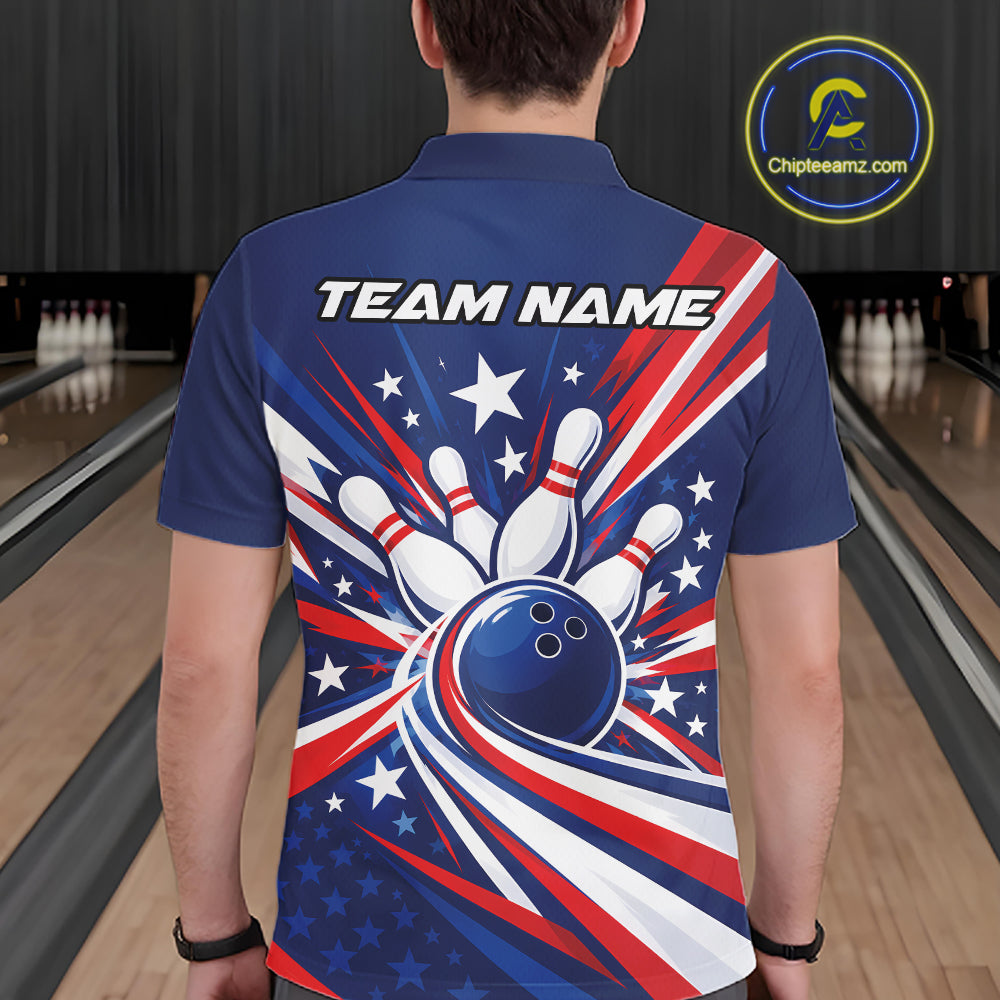 Custom Patriotic Bowling League Polo Shirt For Men, Bowling Jersey Team Uniform IPHW12404