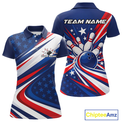 Custom Patriotic Bowling League Polo Shirt For Women, Bowling Jersey Team Uniform IPHW12404