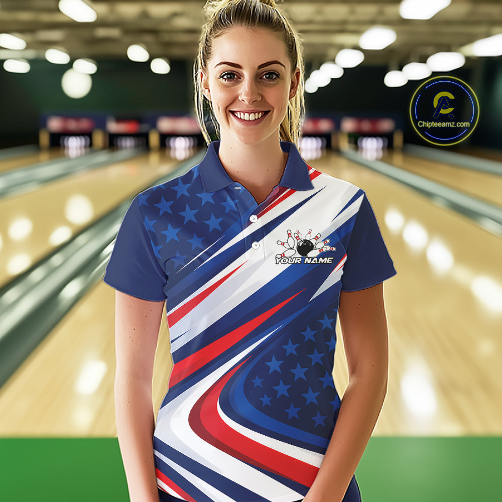 Custom Patriotic Bowling League Polo Shirt For Women, Bowling Jersey Team Uniform IPHW12404