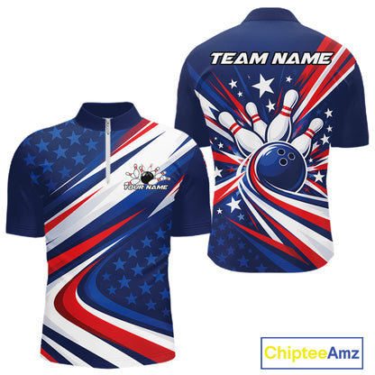 Custom Patriotic Bowling League Quarter Zip Shirt For Men, Bowling Jersey Team Uniform IPHW12404