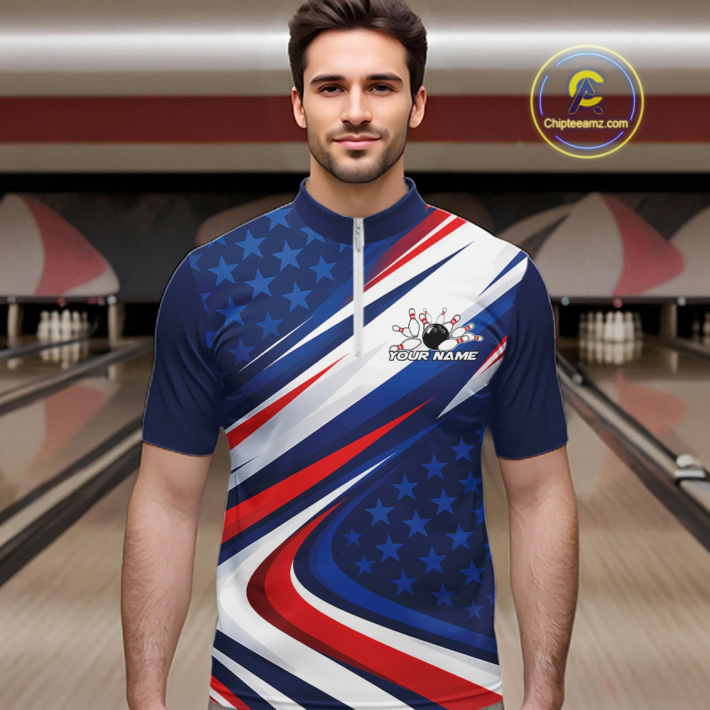 Custom Patriotic Bowling League Quarter Zip Shirt For Men, Bowling Jersey Team Uniform IPHW12404