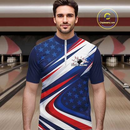 Custom Patriotic Bowling League Quarter Zip Shirt For Men, Bowling Jersey Team Uniform IPHW12404