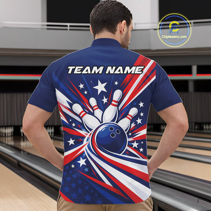 Custom Patriotic Bowling League Quarter Zip Shirt For Men, Bowling Jersey Team Uniform IPHW12404