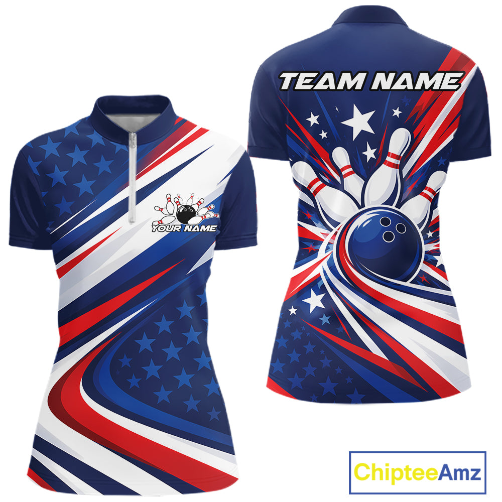 Custom Patriotic Bowling League Quarter-Zip Shirt For Women, Bowling Jersey Team Uniform IPHW12404