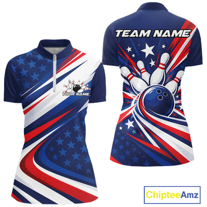 Custom Patriotic Bowling League Quarter-Zip Shirt For Women, Bowling Jersey Team Uniform IPHW12404