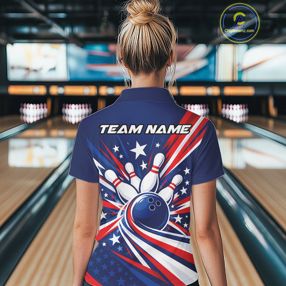Custom Patriotic Bowling League Quarter-Zip Shirt For Women, Bowling Jersey Team Uniform IPHW12404
