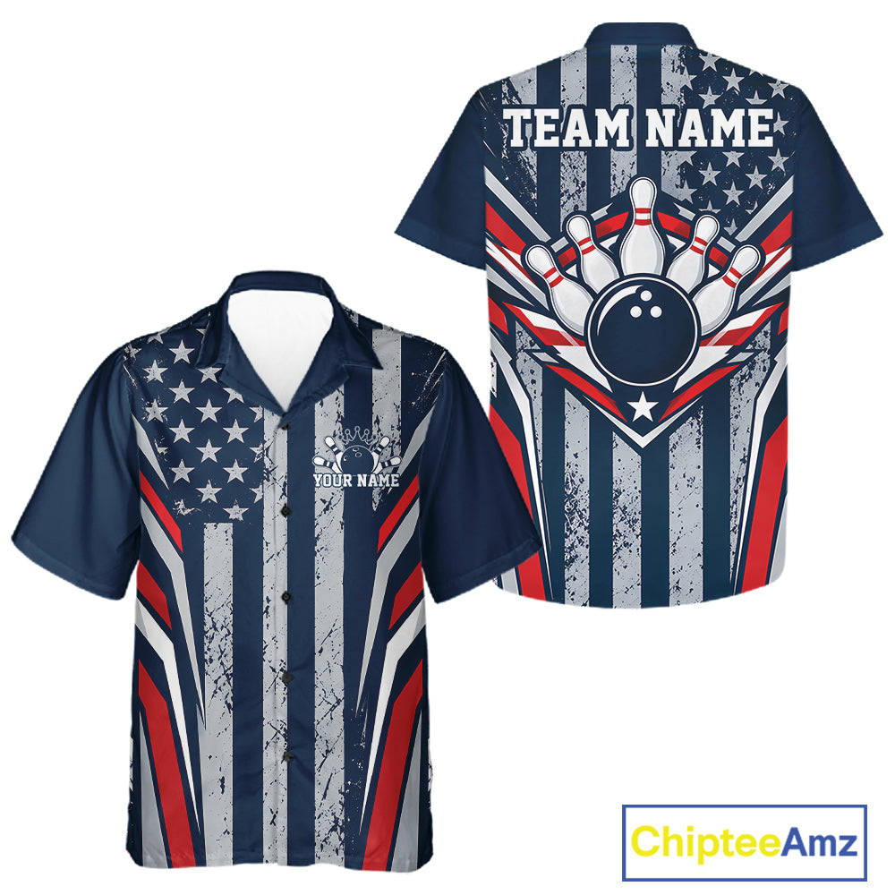 Grunge American Flag Custom Vintage Patriotic Bowling Men And Women Button Up Shirt, Bowler Outfit IPHW12406