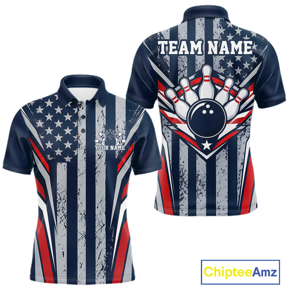 Grunge American Flag Custom Vintage Patriotic Bowling Men Polo Shirt, Bowler Outfit IPHW12406