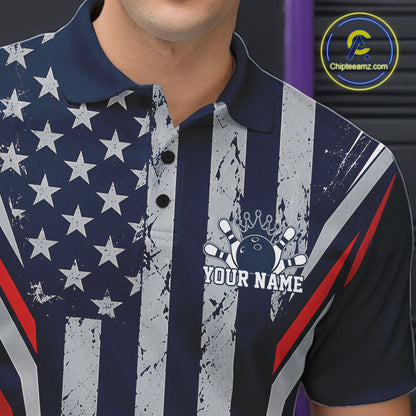Grunge American Flag Custom Vintage Patriotic Bowling Men Polo Shirt, Bowler Outfit IPHW12406