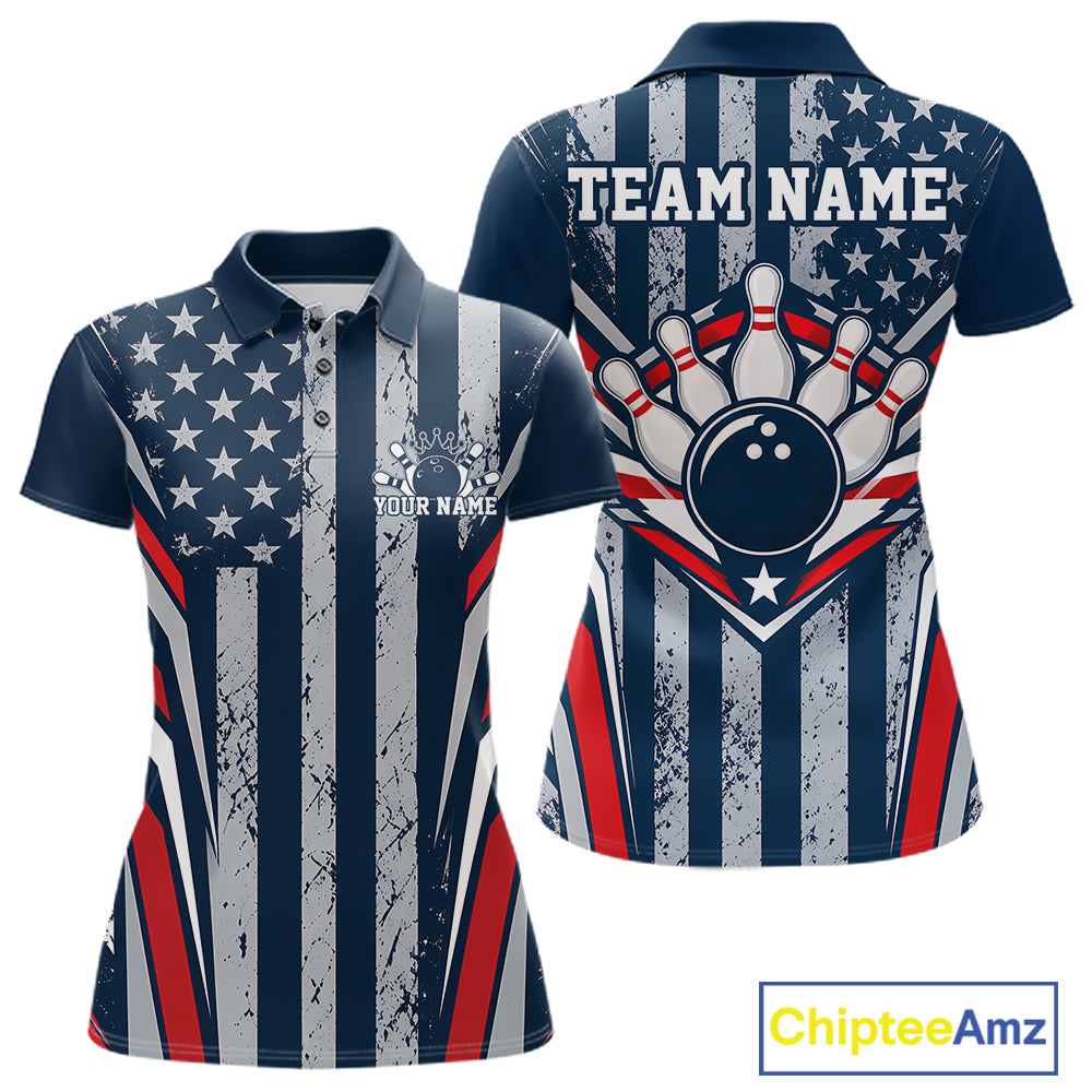 Grunge American Flag Custom Vintage Patriotic Bowling Women Polo Shirt, Bowler Outfit IPHW12406
