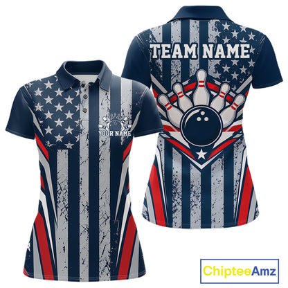 Grunge American Flag Custom Vintage Patriotic Bowling Women Polo Shirt, Bowler Outfit IPHW12406