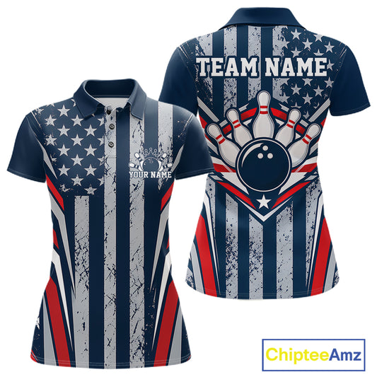 Grunge American Flag Custom Vintage Patriotic Bowling Women Polo Shirt, Bowler Outfit IPHW12406