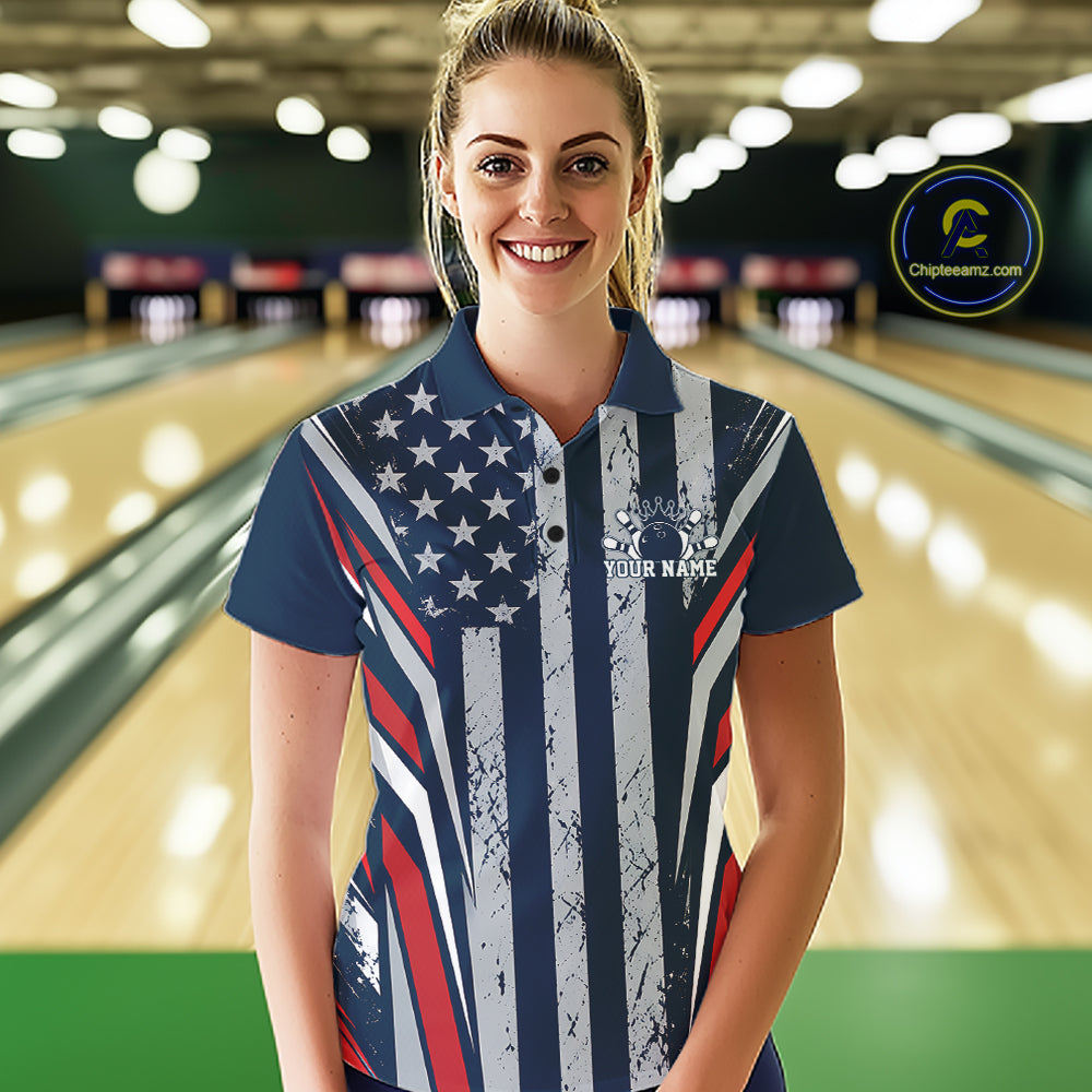 Grunge American Flag Custom Vintage Patriotic Bowling Women Polo Shirt, Bowler Outfit IPHW12406